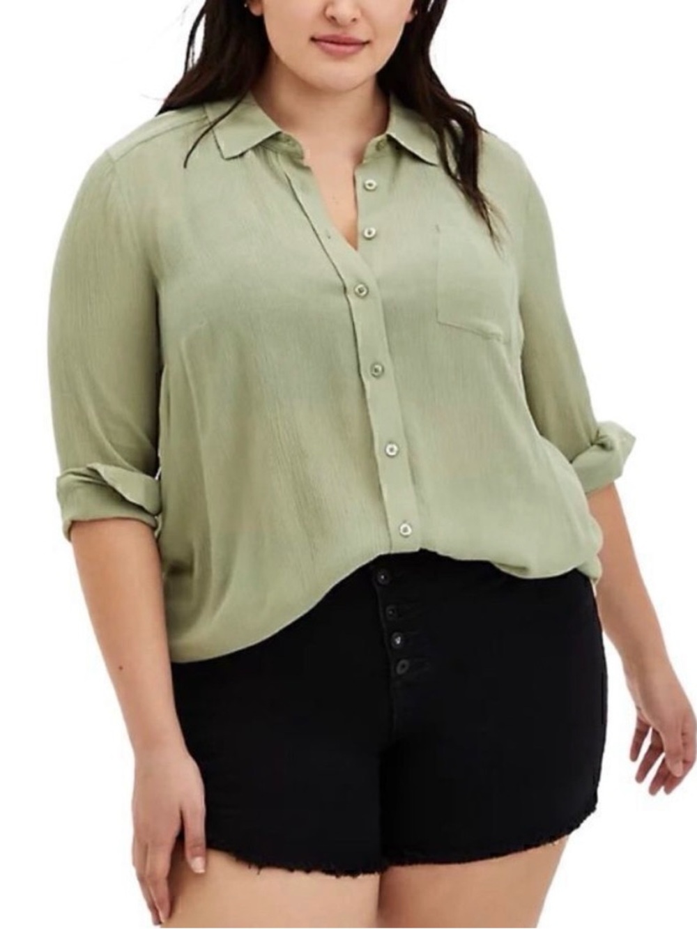 torrid Light Sage Button-Down Shirt crinkle gauze, Boho everyday classic basic